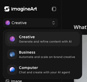 Workspace switcher at the top of the sidebar open, showing Creative, Business, and Computer with their descriptions