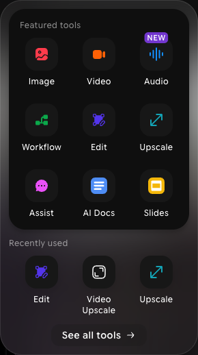 Tool switcher panel with a Featured tools grid, a Recently used row, and a See all tools button