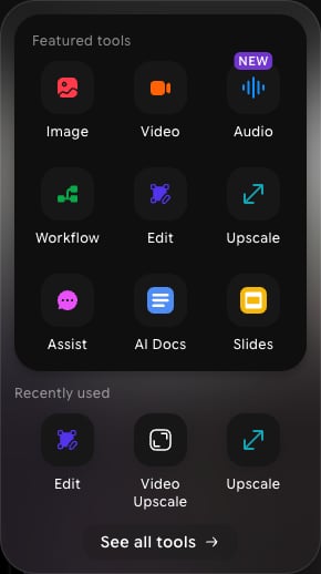 Tool switcher panel with a Featured tools grid, a Recently used row, and a See all tools button
