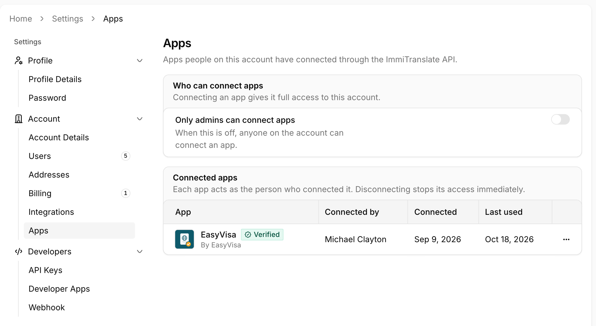 The Apps settings page, with the option to let only admins connect apps and a connected verified app showing who connected it and when it was last used