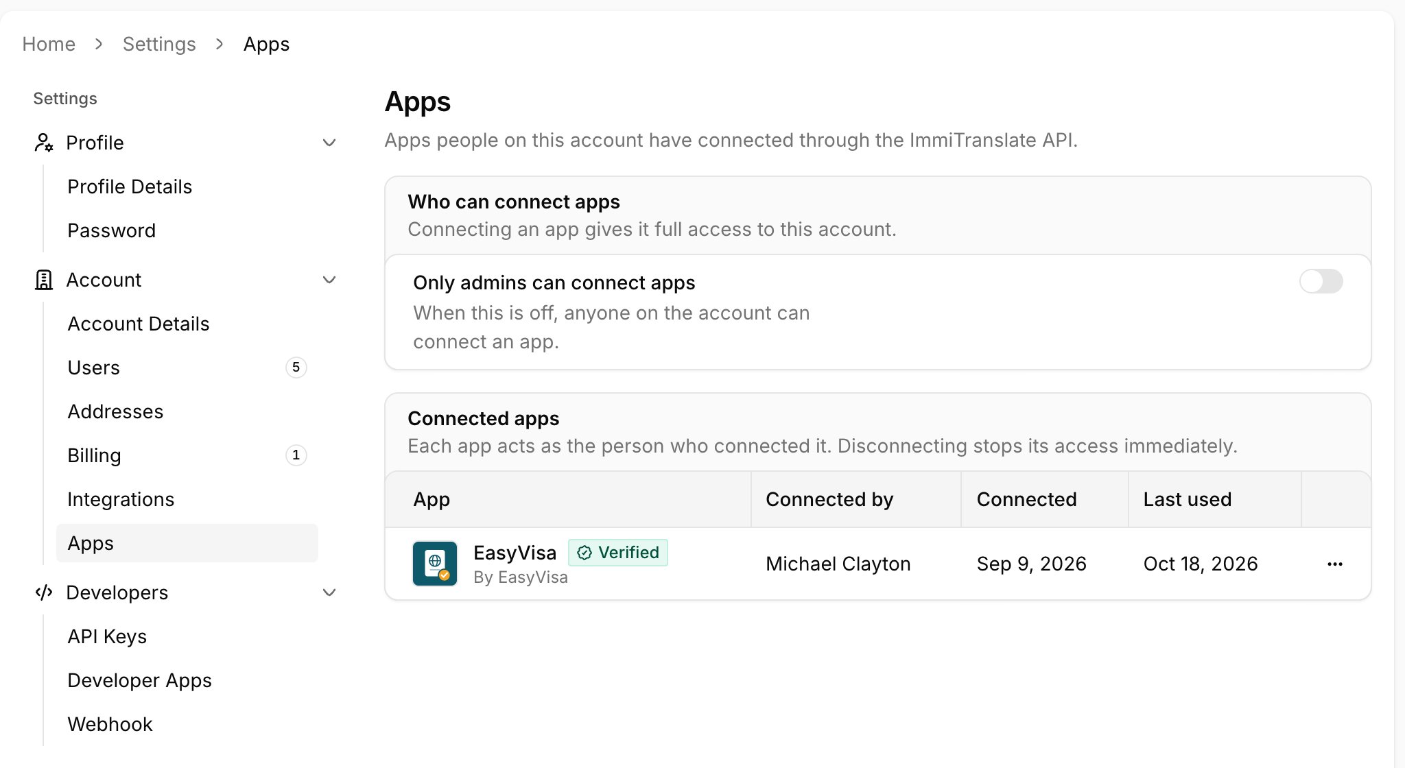 The Apps settings page, with the option to let only admins connect apps and a connected verified app showing who connected it and when it was last used