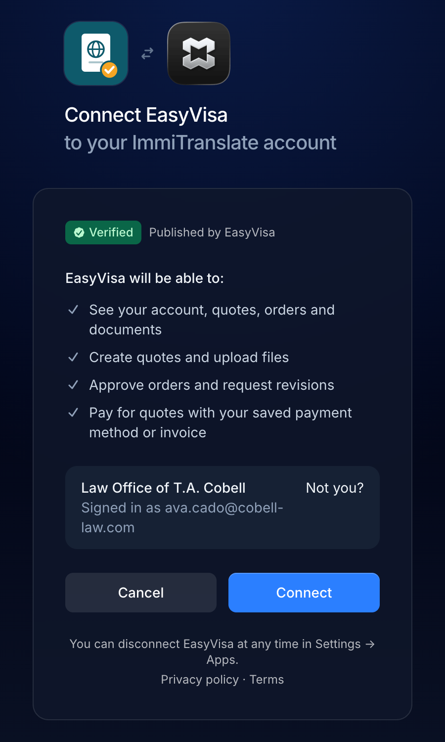 The approval screen: Connect EasyVisa to your ImmiTranslate account, with a Verified badge, what the app will be able to do, the signed-in account and Cancel and Connect buttons