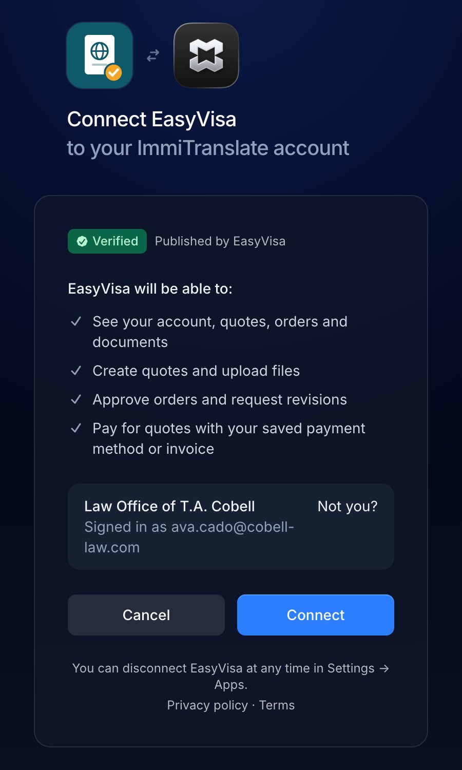 The approval screen: Connect EasyVisa to your ImmiTranslate account, with a Verified badge, what the app will be able to do, the signed-in account and Cancel and Connect buttons