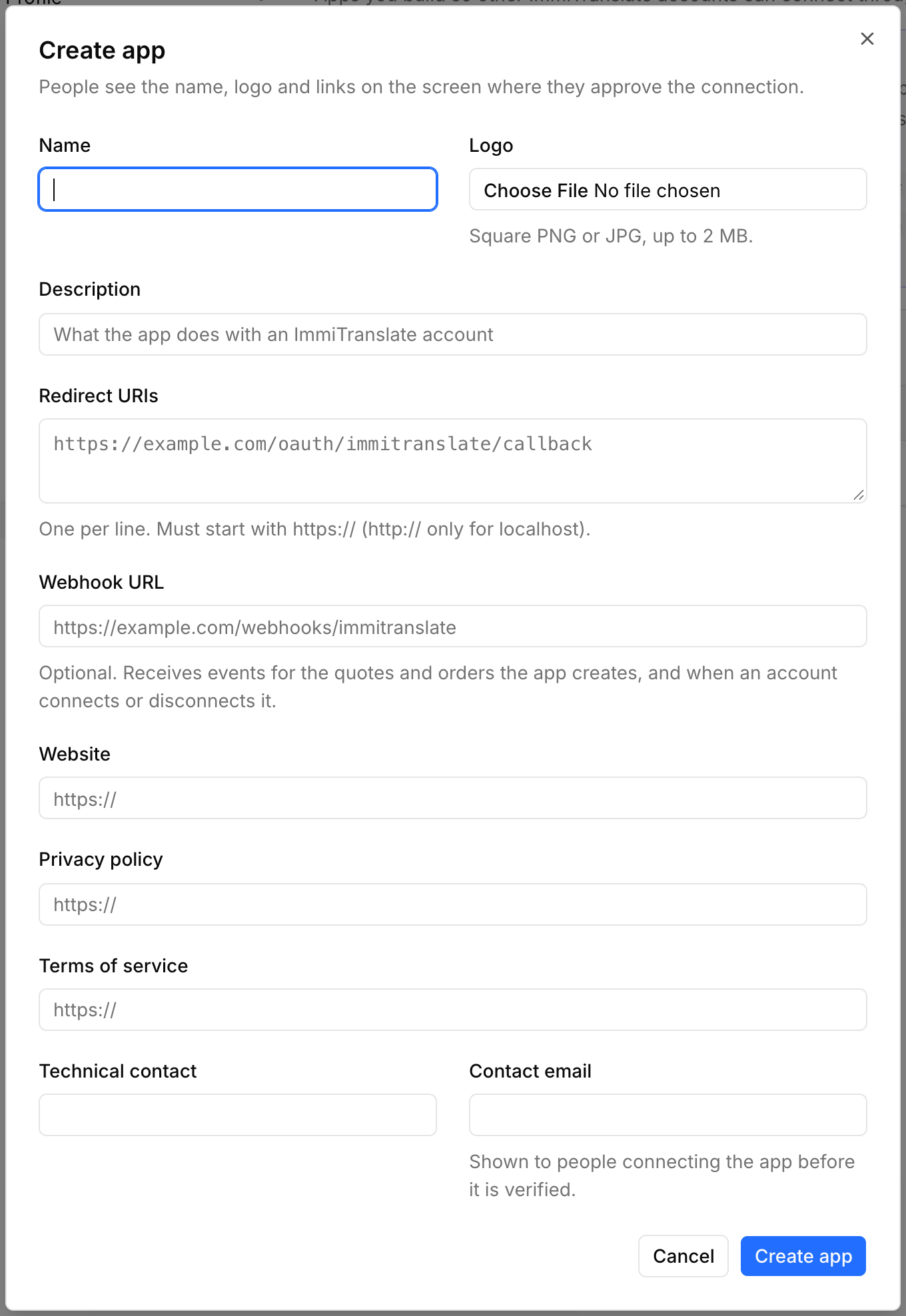 The Create app dialog, with fields for the name, logo, description, redirect URIs, webhook URL, links and contacts