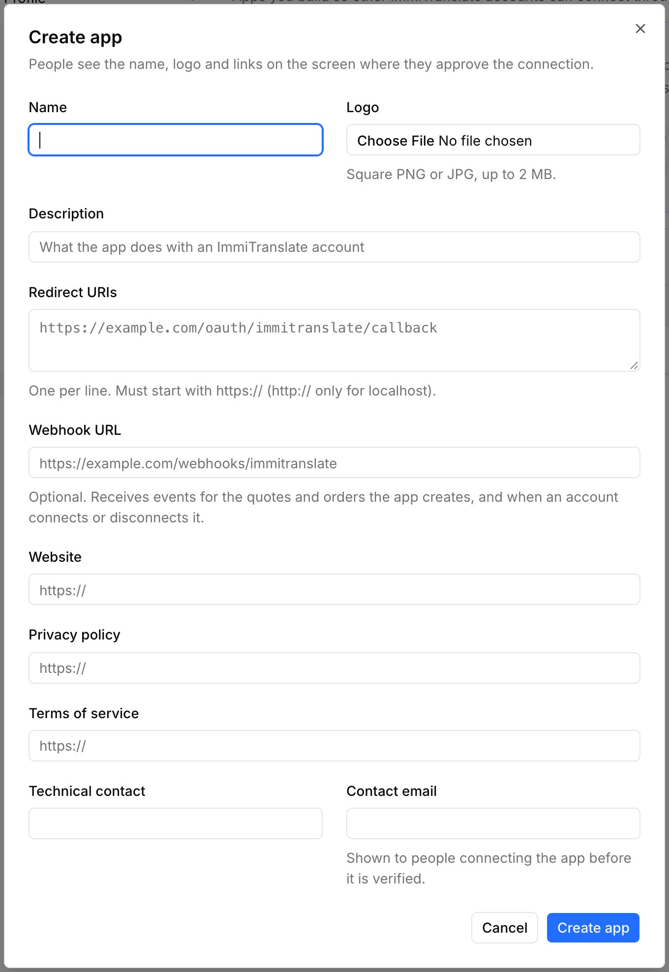 The Create app dialog, with fields for the name, logo, description, redirect URIs, webhook URL, links and contacts