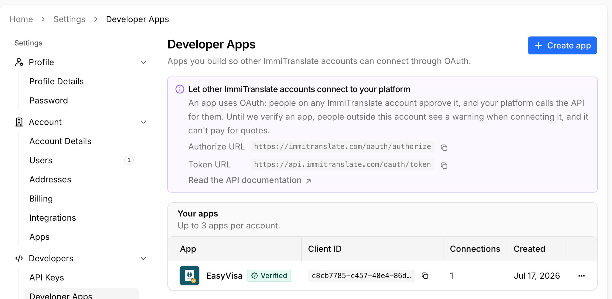 The Developer Apps page, listing a verified app with its client ID and number of connections