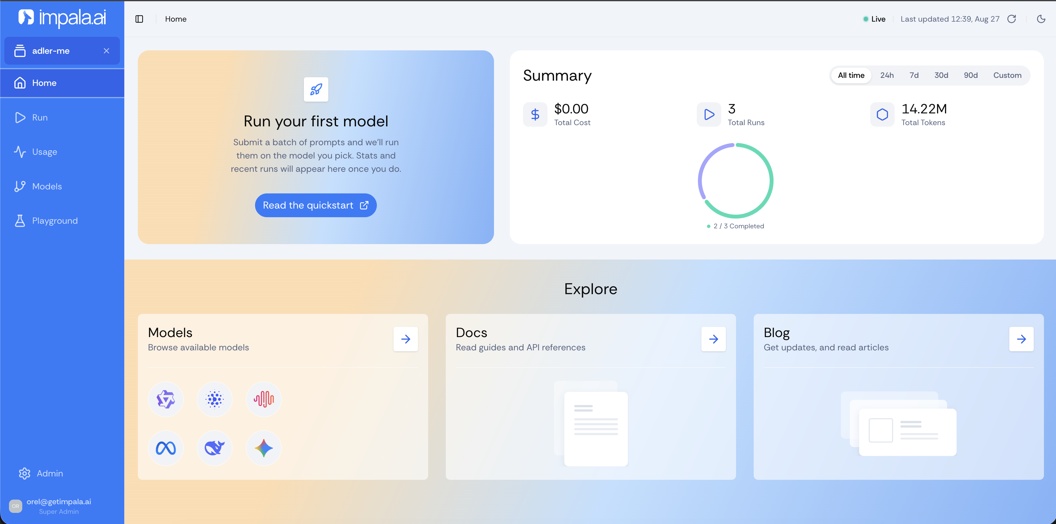 The Impala platform home page, showing total cost, total runs and total tokens alongside links to models, docs and the blog