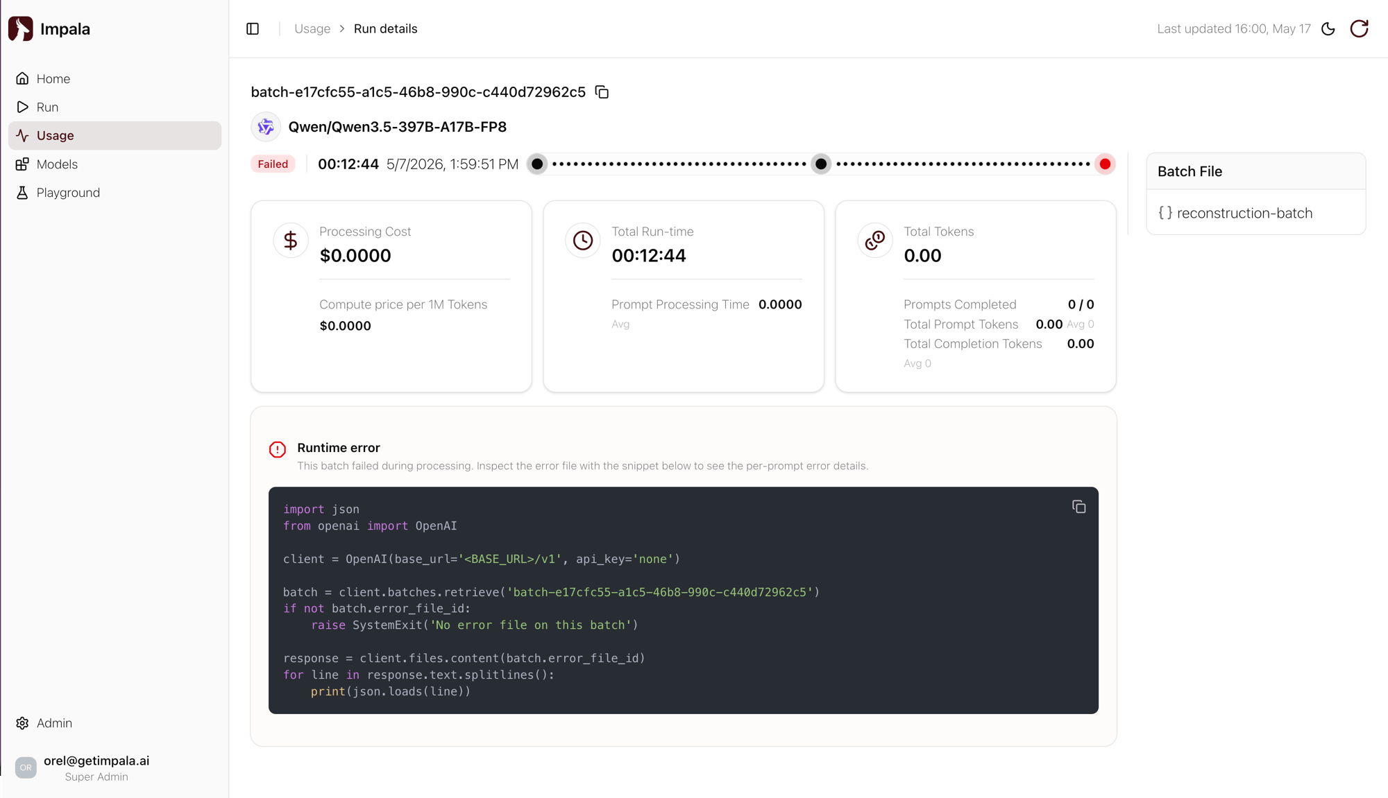 Run details showing runtime error and error-file code snippet