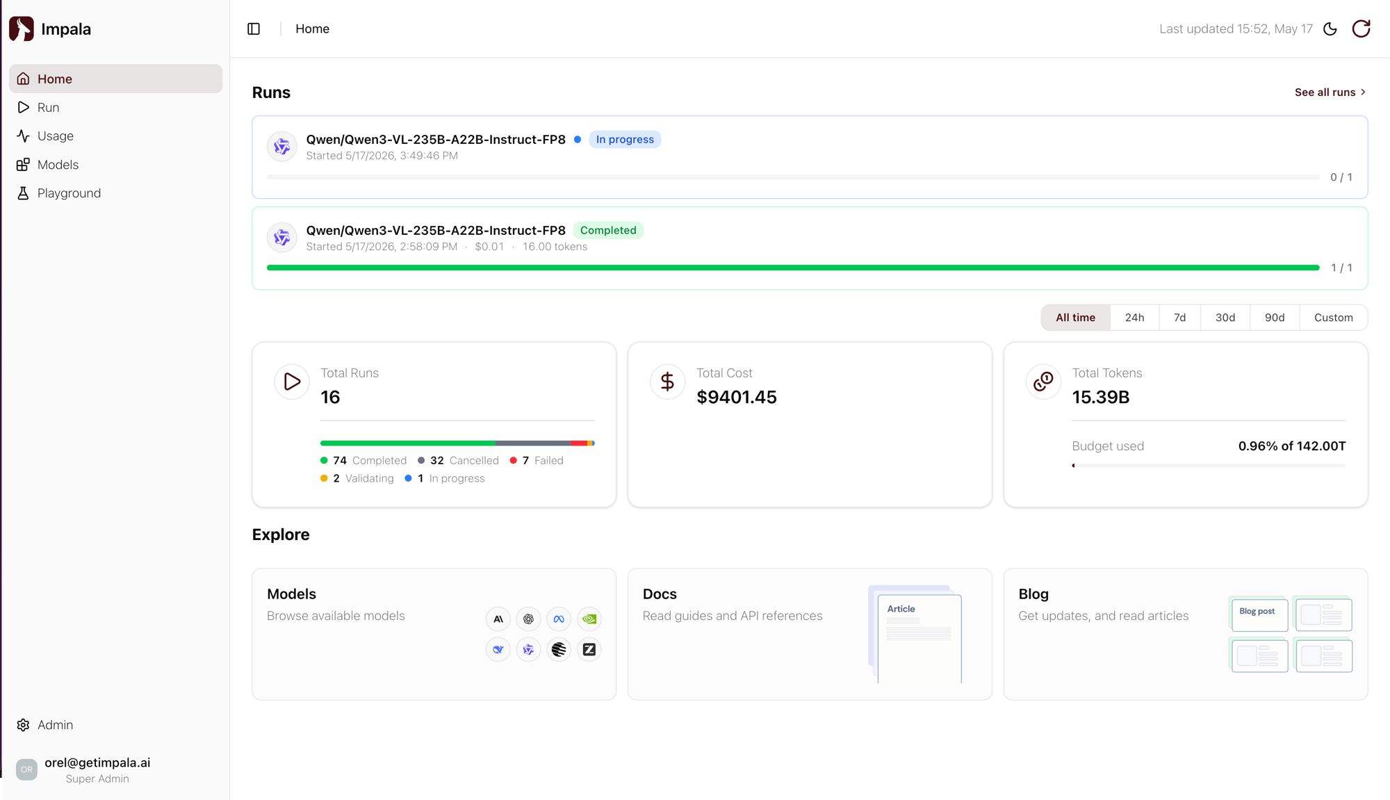 Home tab with run list and aggregate metrics