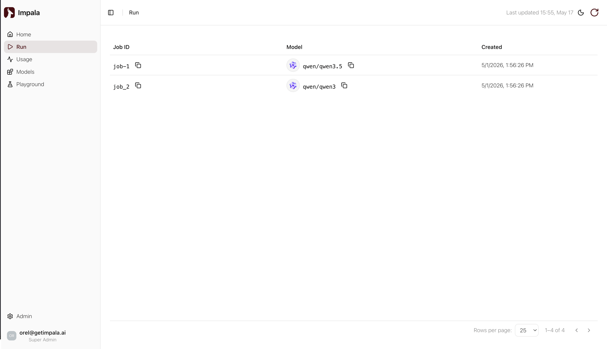 Run tab listing job IDs with copy buttons