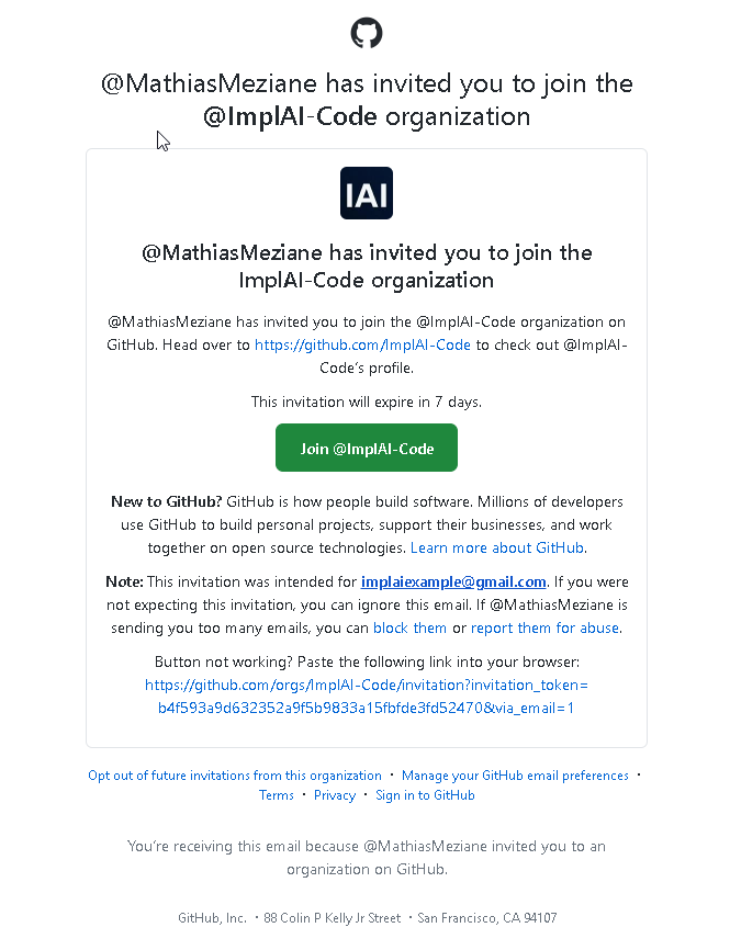 GitHub invitation email with the Join @ImplAI-Code button