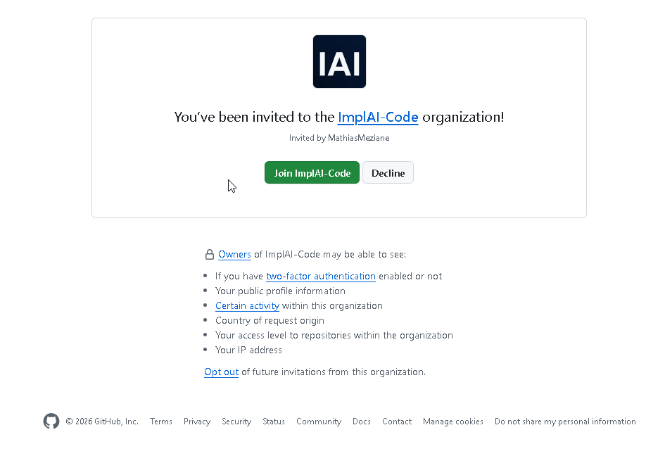 GitHub page reading You've been invited to the ImplAI-Code organization, with Join and Decline buttons