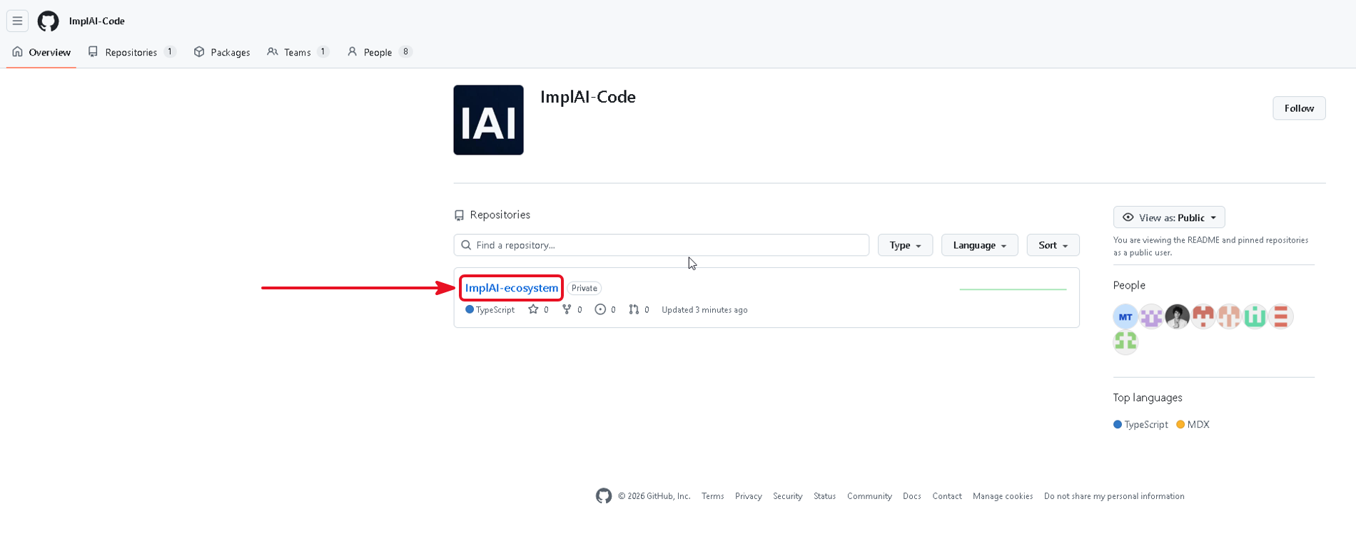 ImplAI-Code organization page listing the ImplAI-ecosystem repository