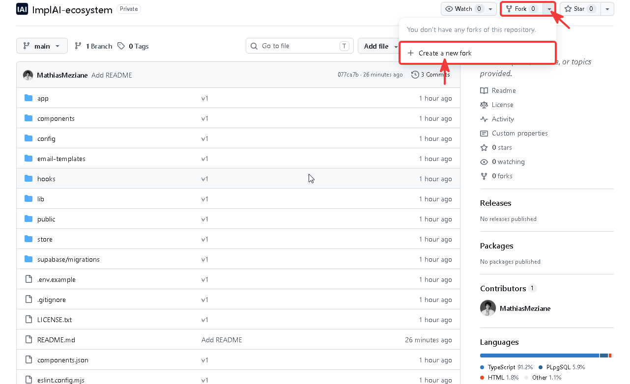 ImplAI-ecosystem repository with the Fork dropdown open showing Create a new fork