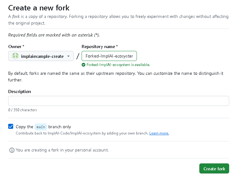 GitHub Create a new fork form with the repository name set to Forked-ImplAI-ecosystem