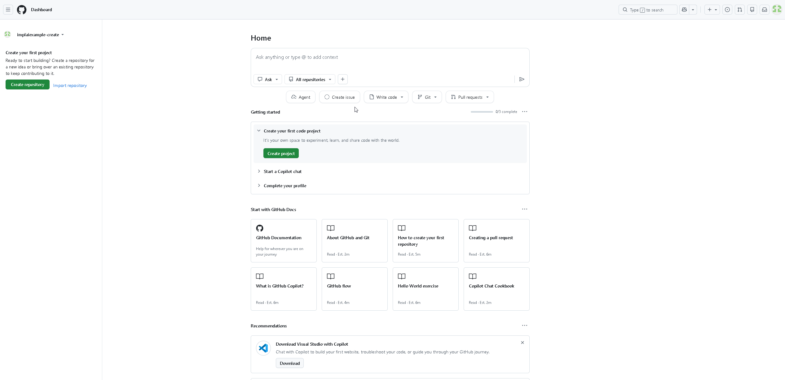 GitHub home page shown after creating a new account