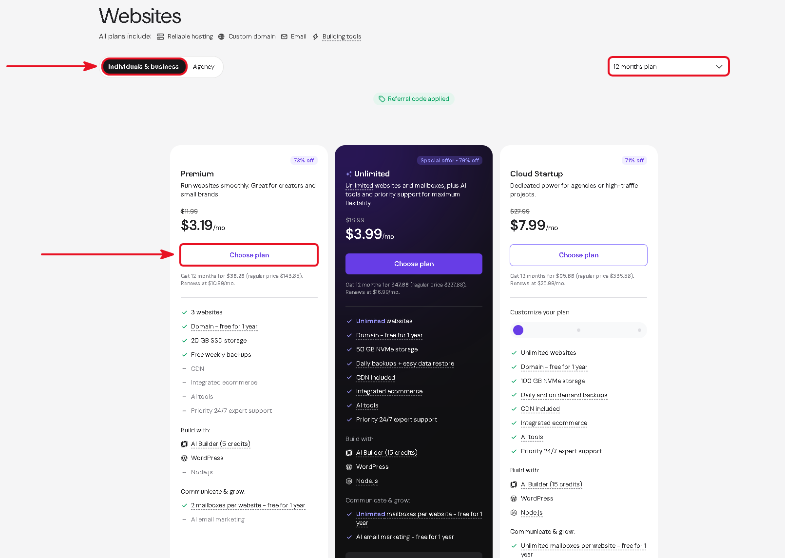 Hostinger pricing page with 12 months selected and the Premium plan highlighted