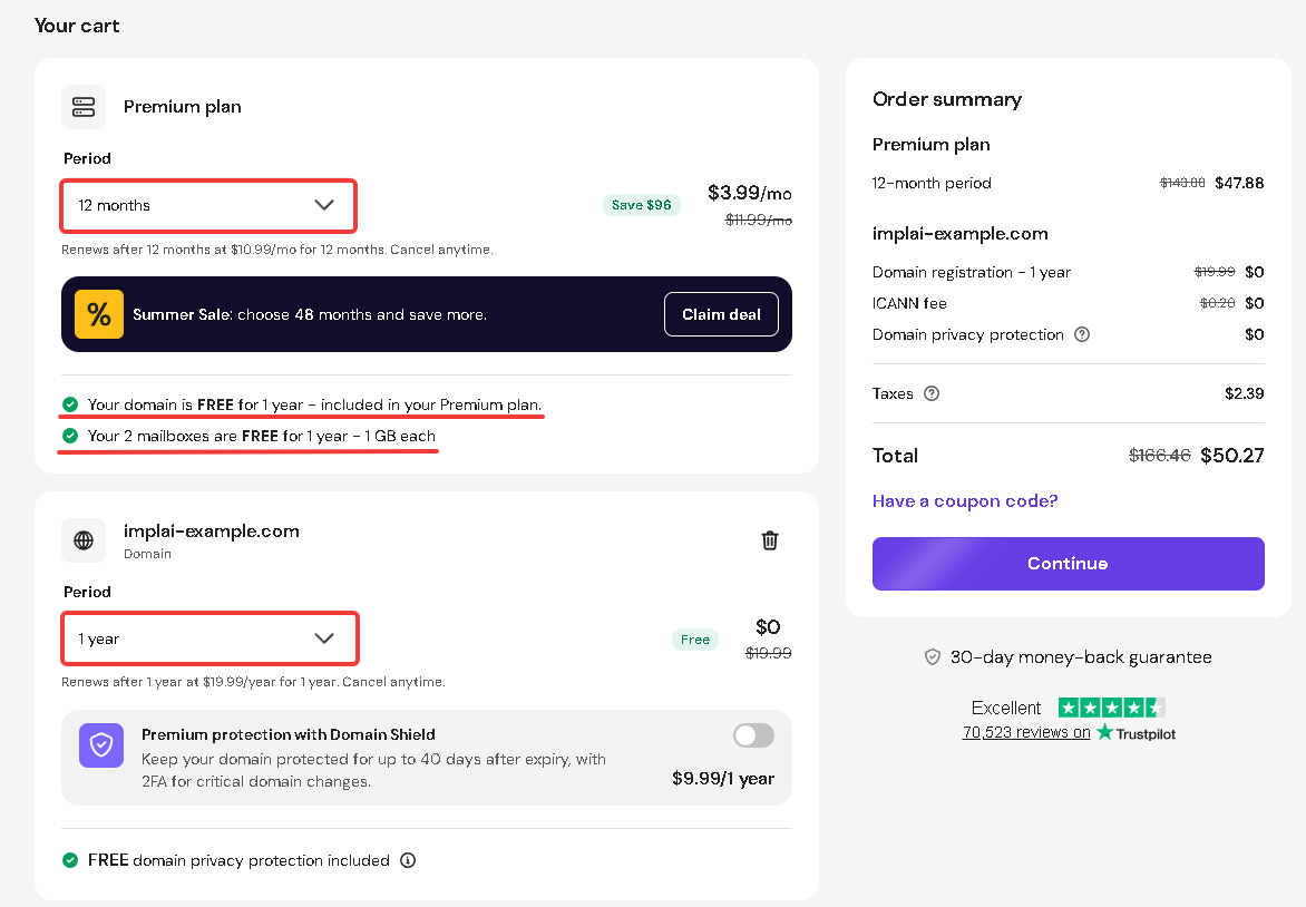 Hostinger cart showing the Premium plan, the domain, and confirmation that both the domain and mailboxes are free for one year