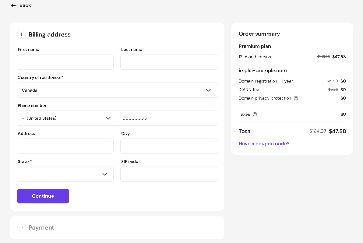 Hostinger billing address form