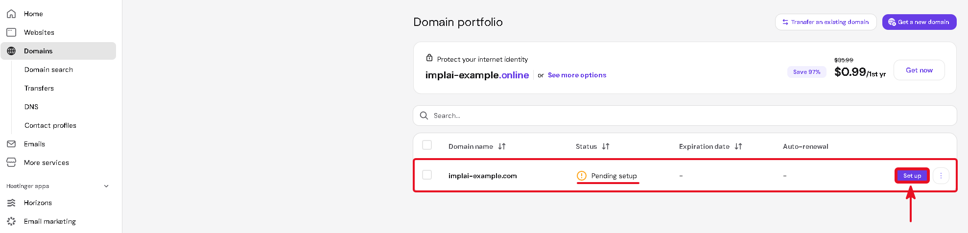 Hostinger domain portfolio showing the domain pending setup