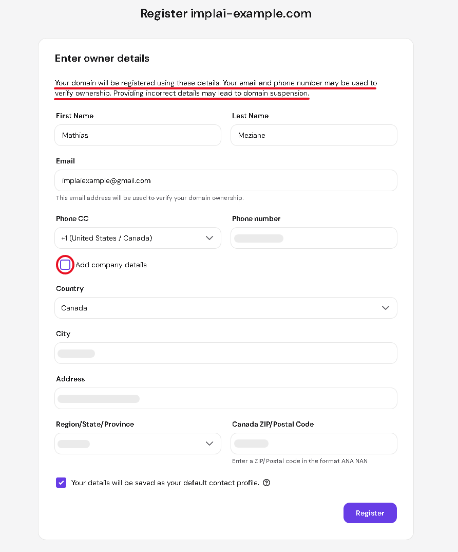 Hostinger owner details registration form with the Add company details checkbox unchecked