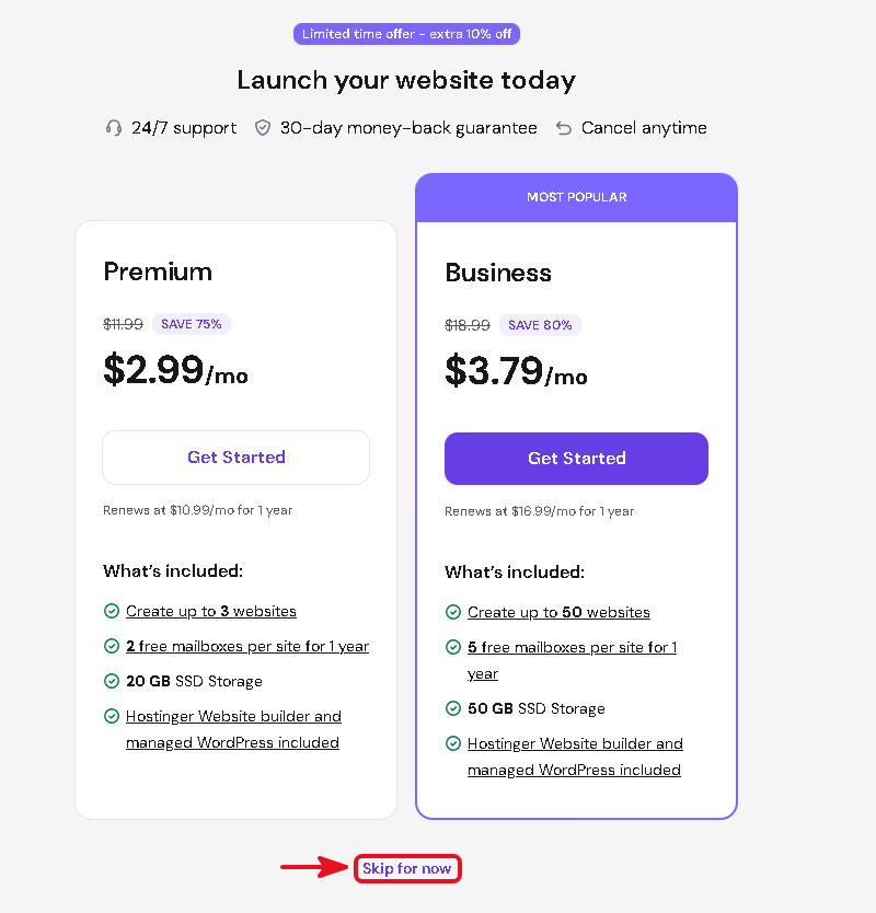 Hostinger upsell page with the Skip for now option
