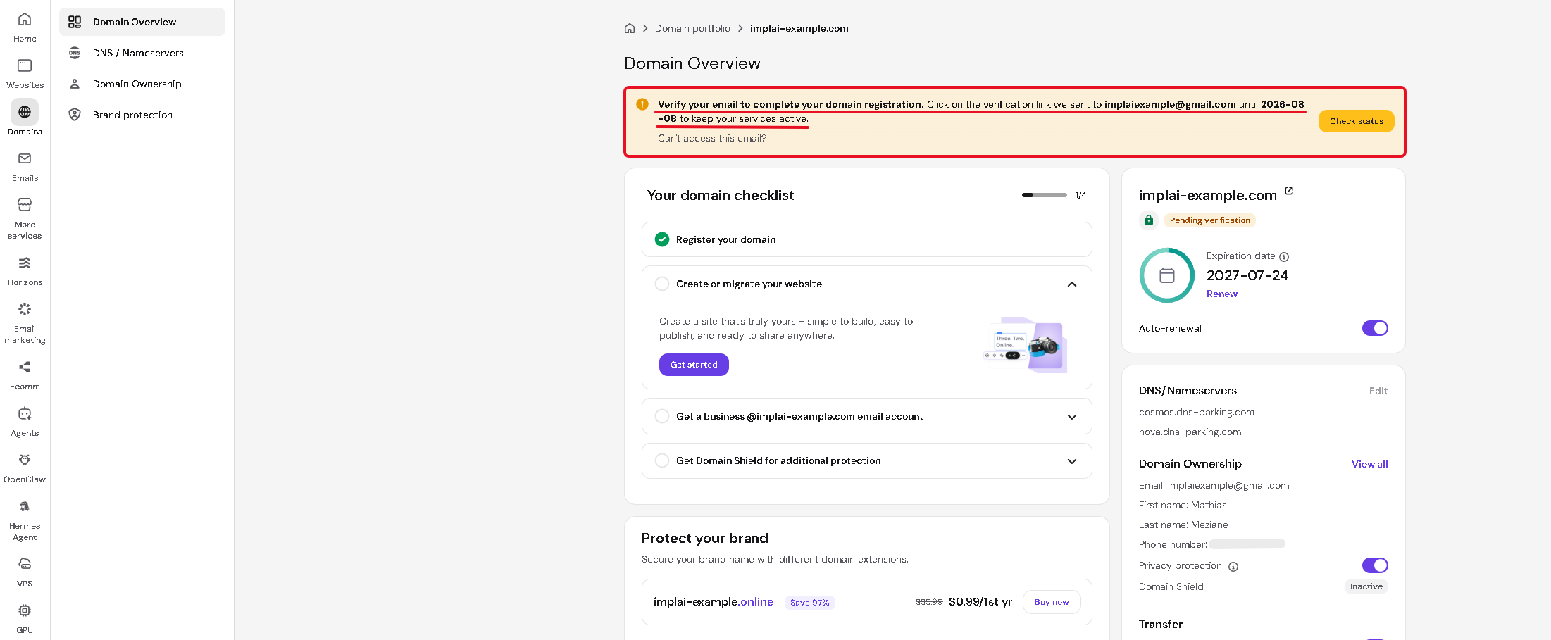 Domain Overview page with a yellow email verification warning
