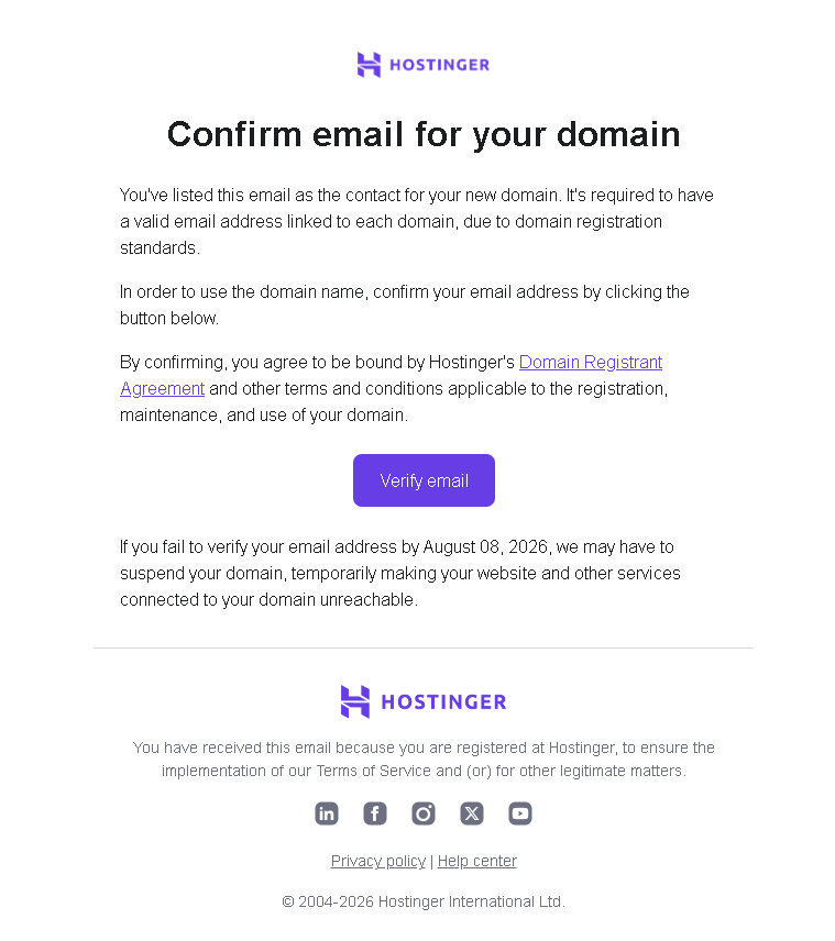 Hostinger verification email with the Verify email button