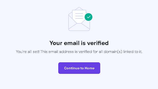 Hostinger page confirming the email address is verified