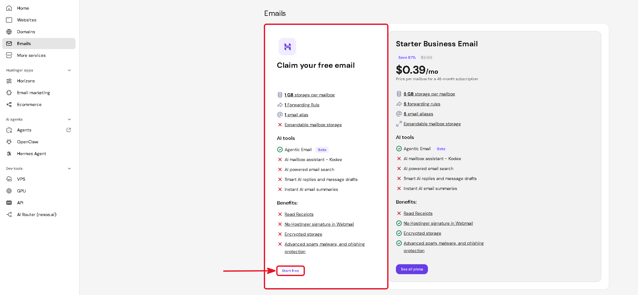 Hostinger Emails page with the Claim your free email card