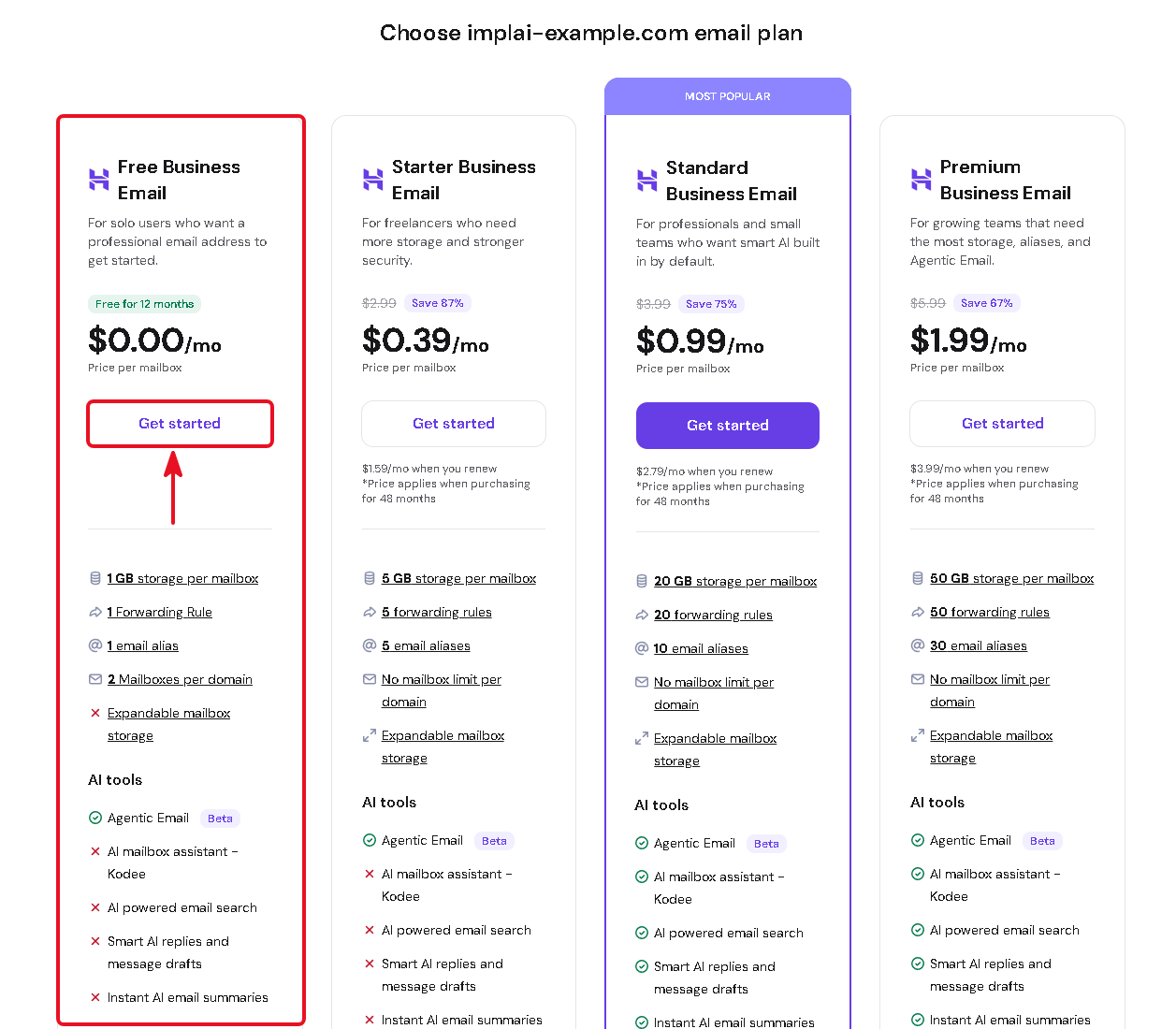Hostinger email plan comparison with the Free Business Email plan highlighted