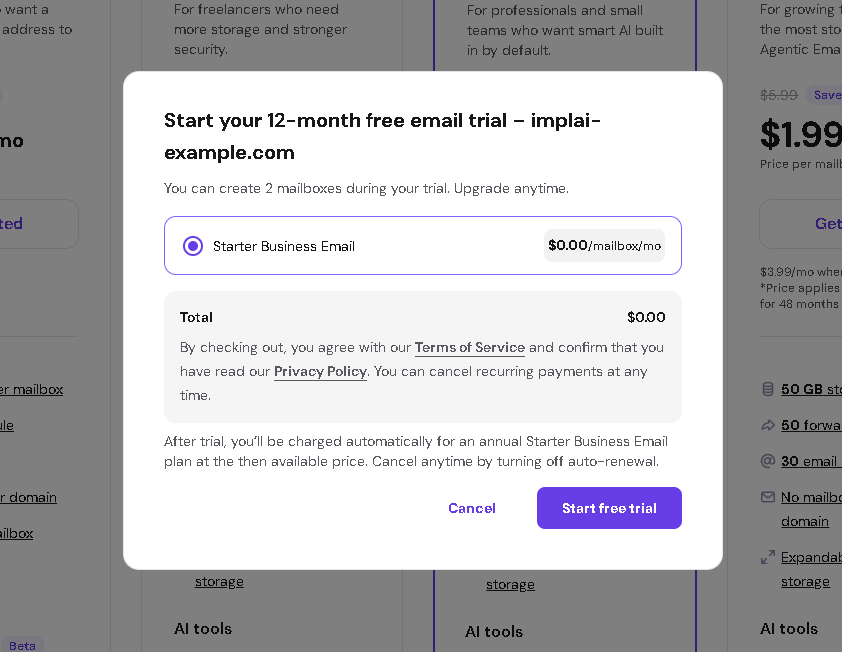 Popup offering to start the 12 month free email trial
