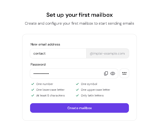 Hostinger mailbox creation form with contact entered as the address prefix