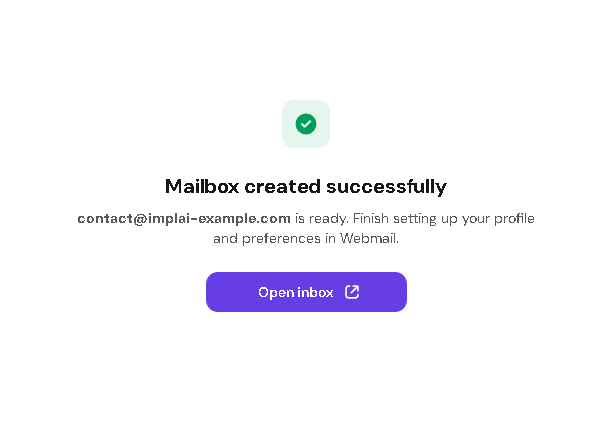 Message confirming the mailbox was created successfully