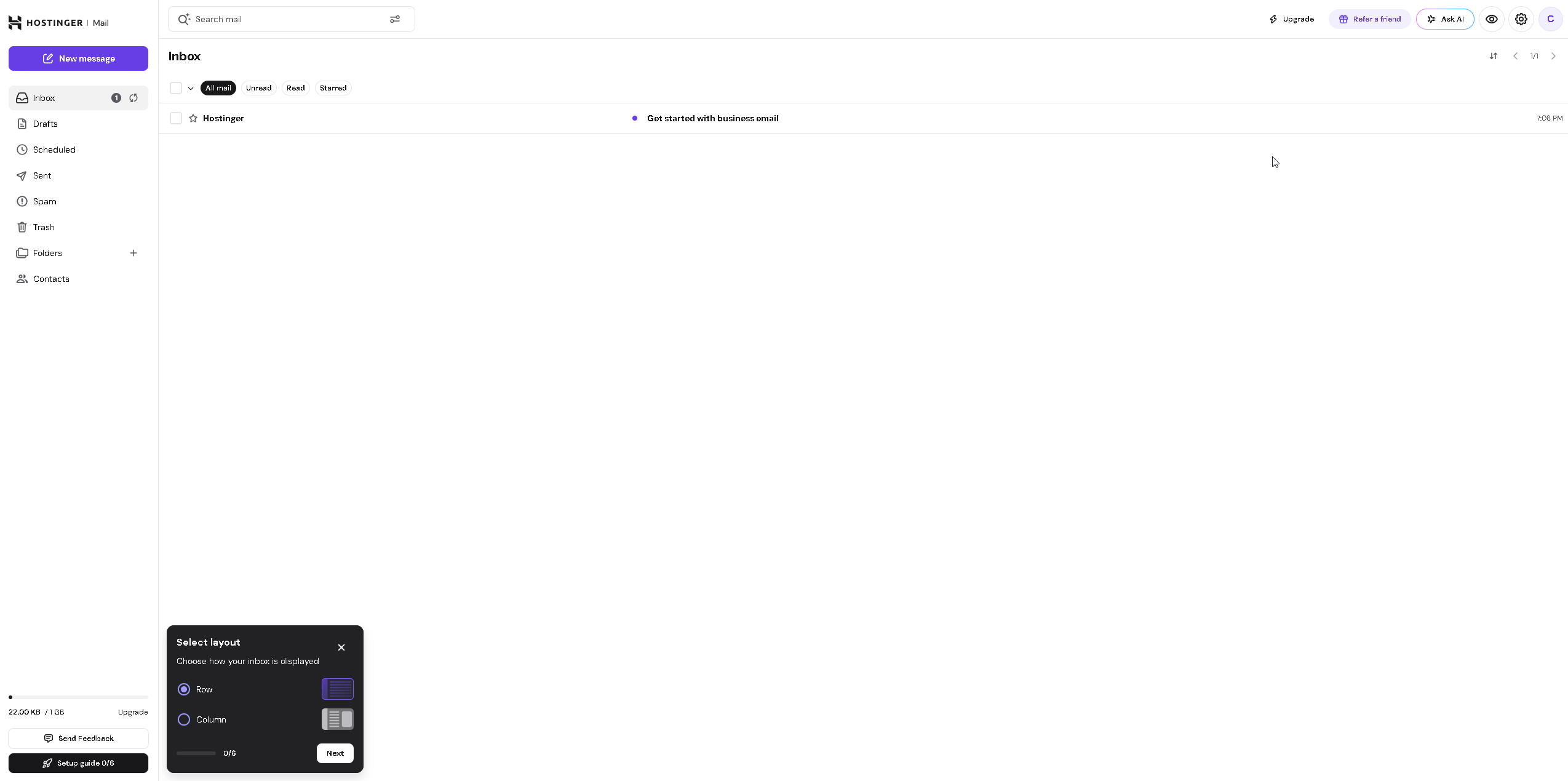 The new Hostinger webmail inbox