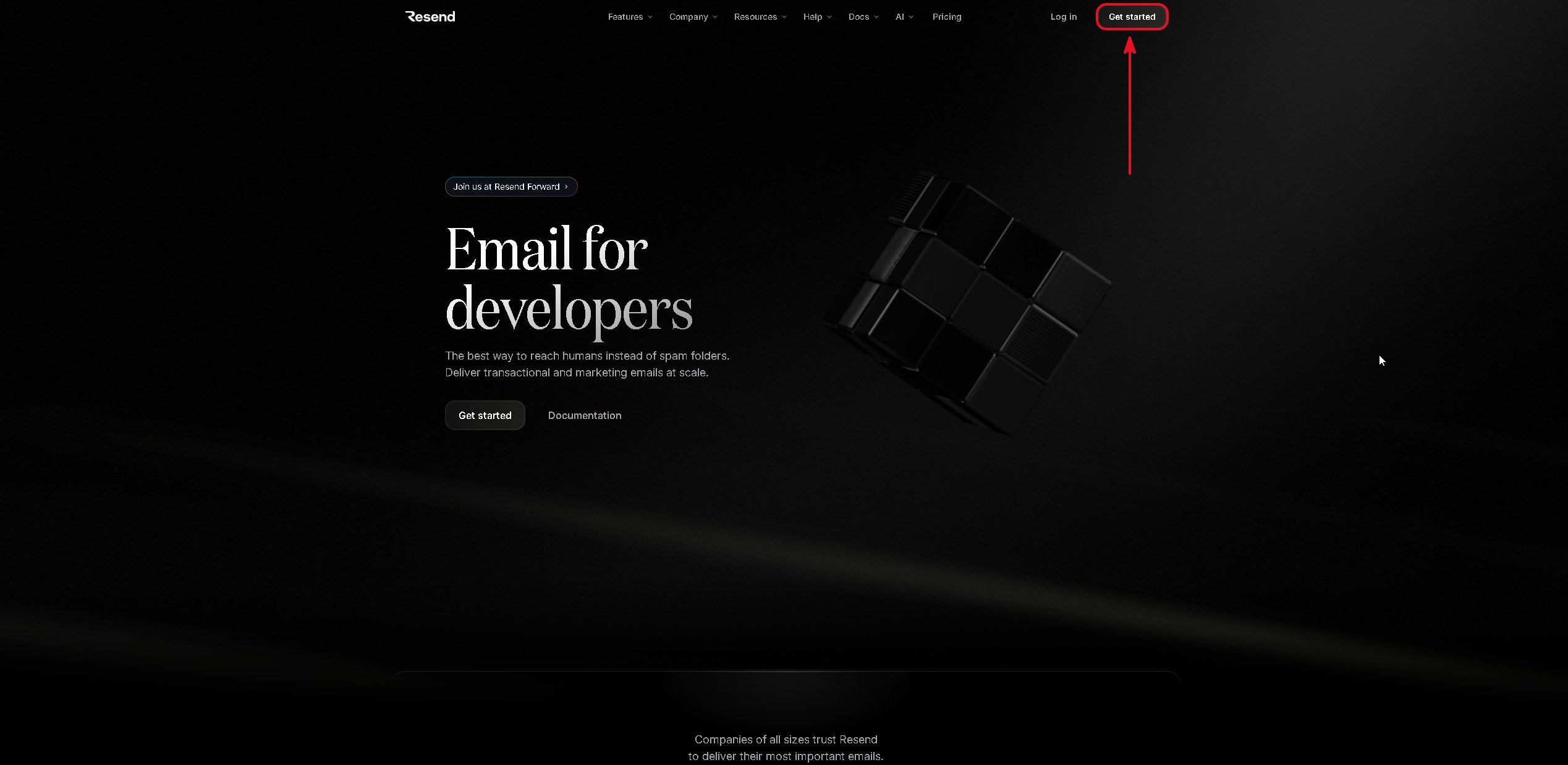 Resend home page with the Get started button