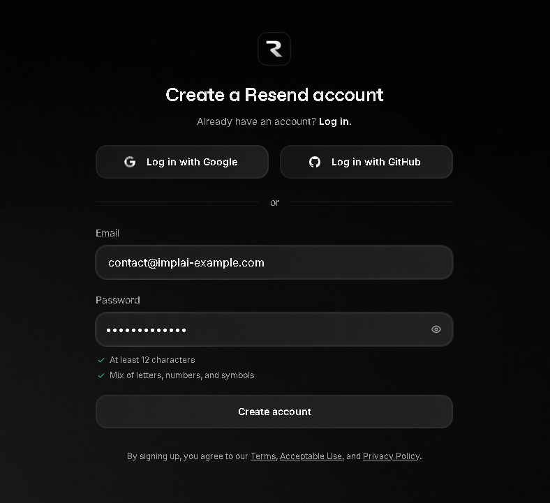 Resend signup form filled with the Hostinger email address
