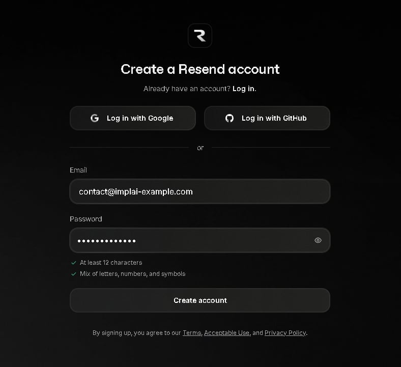 Resend signup form filled with the Hostinger email address