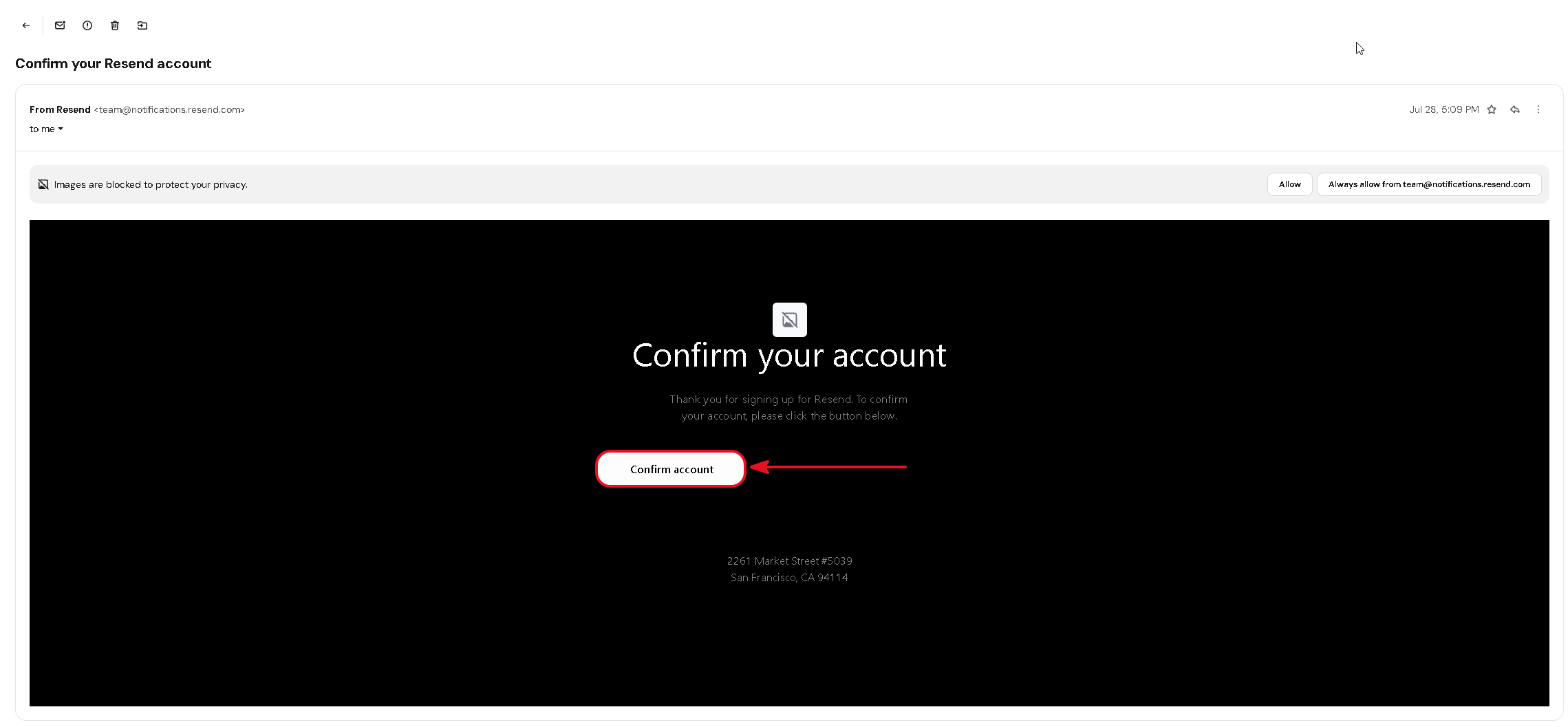 The body of the Resend confirmation email with the Confirm account button