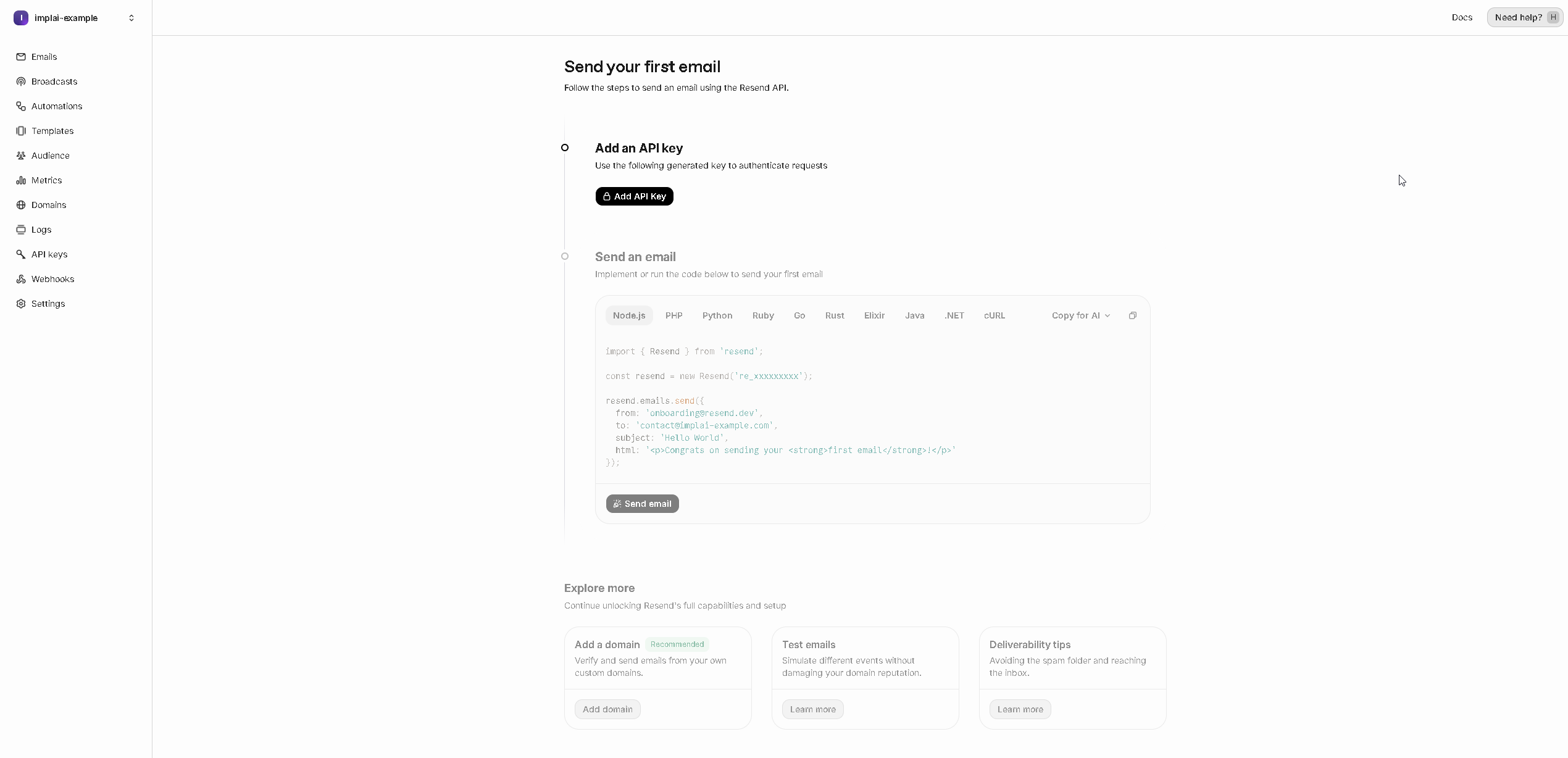 The Resend dashboard after confirming the account