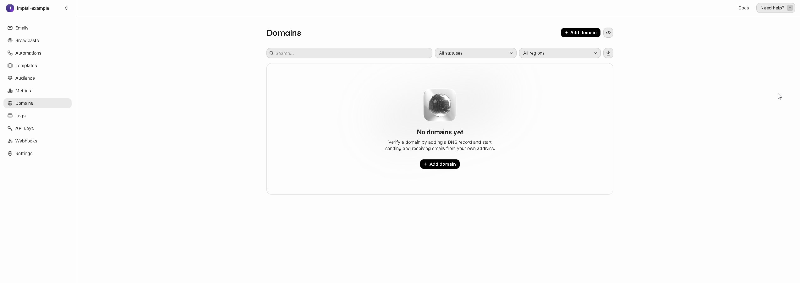 Resend Domains page with the Add domain button