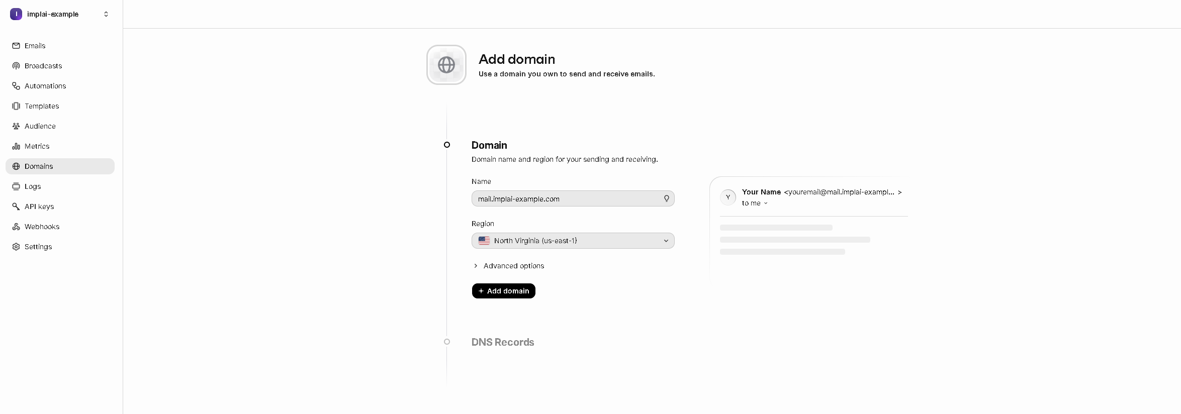 Resend add domain form with a subdomain entered and the region selected