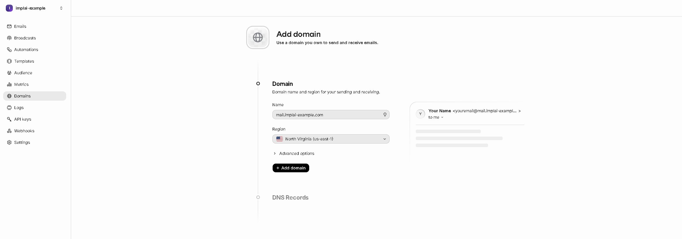 Resend add domain form with a subdomain entered and the region selected