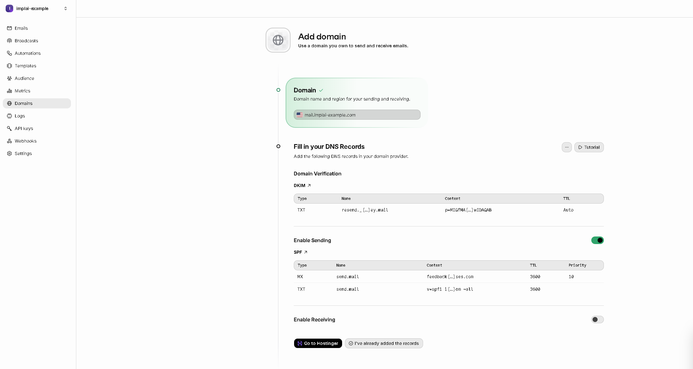 Resend showing the DNS records required for the domain