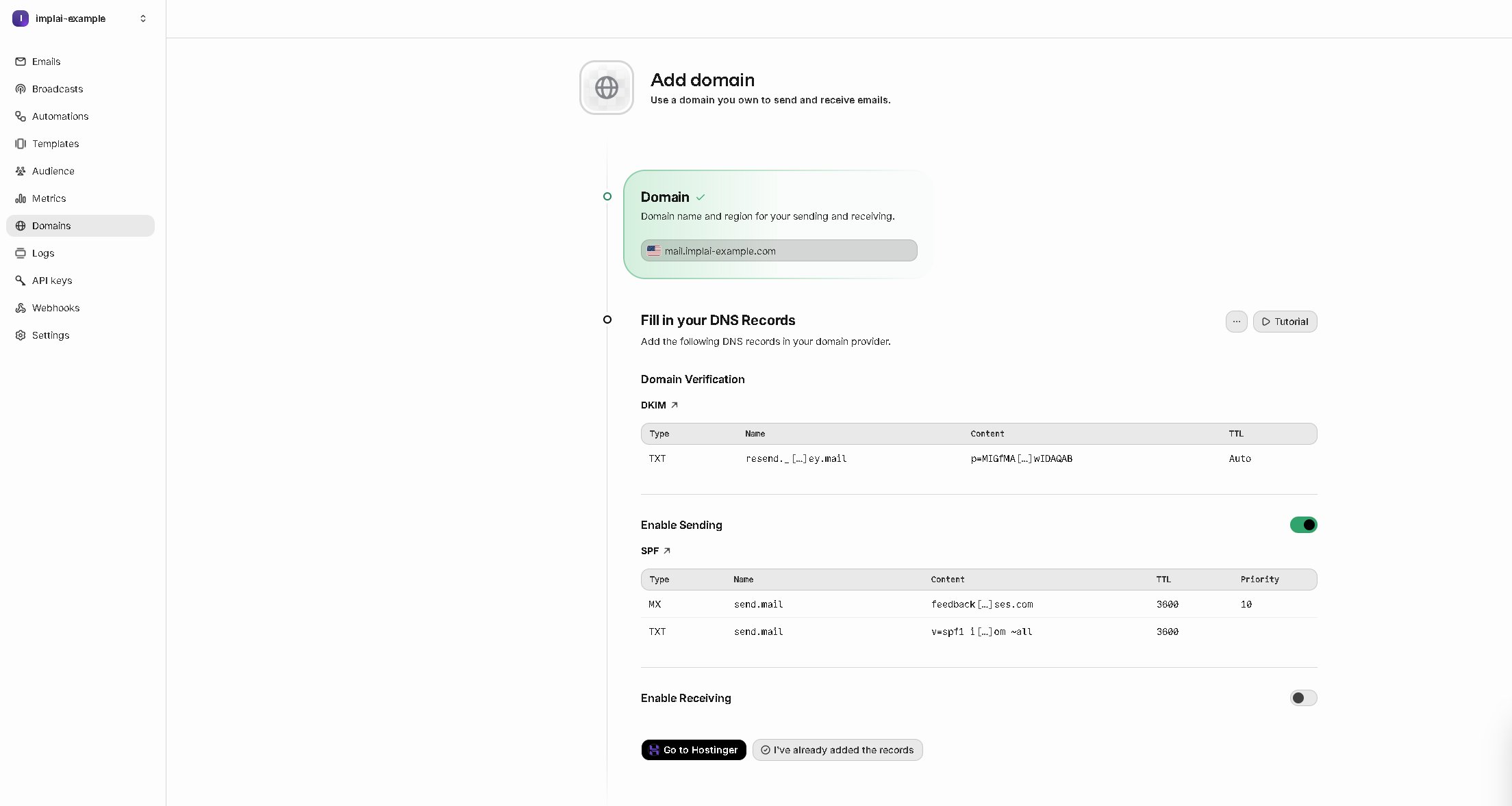 Resend showing the DNS records required for the domain