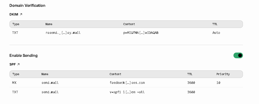 Close-up of the Domain Verification and Enable Sending record tables