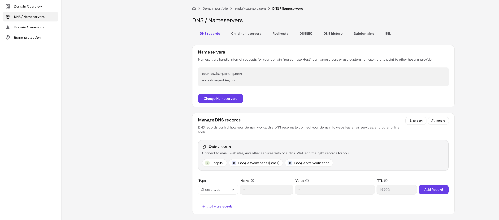 Hostinger DNS Nameservers page opened from Resend