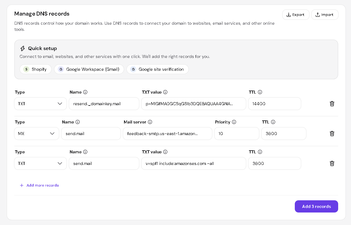 Hostinger DNS form with the three Resend records filled in