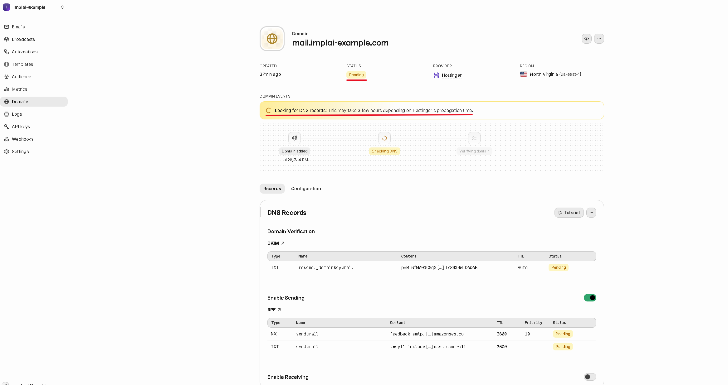 Resend domain in the Pending verification state