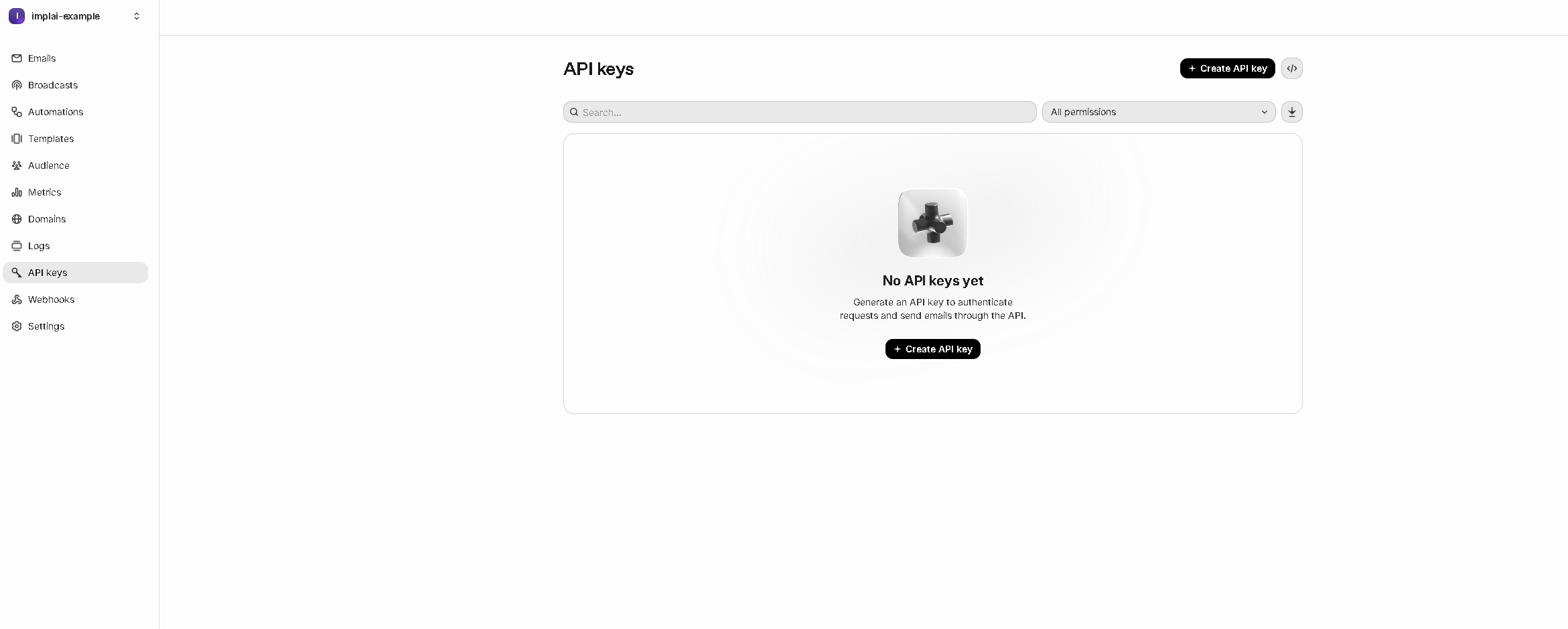 Resend API keys page
